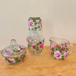 Vintage bedside tumble up carafe candy dish pitcher floral hand painted rose